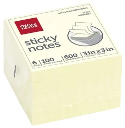 Office Depot® Brand Sticky Notes, 3" x 3", Pastel Yellow, 100 Sheets Per Pad, Pack Of 6 Pads