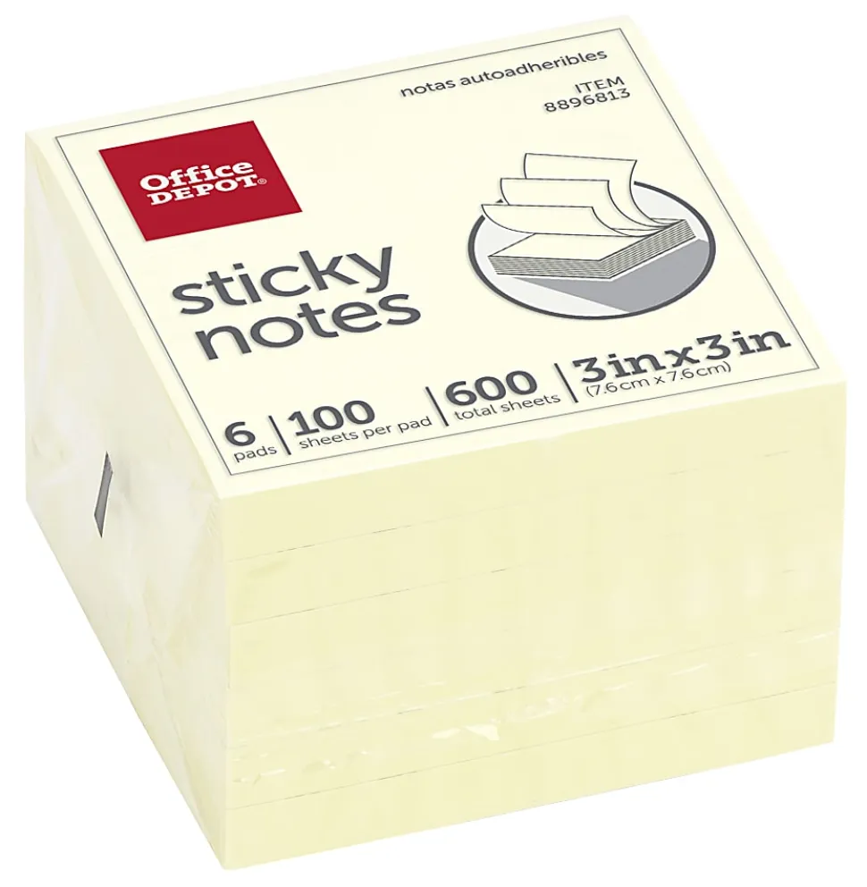 Office Depot® Brand Sticky Notes, 3" x 3", Pastel Yellow, 100 Sheets Per Pad, Pack Of 6 Pads