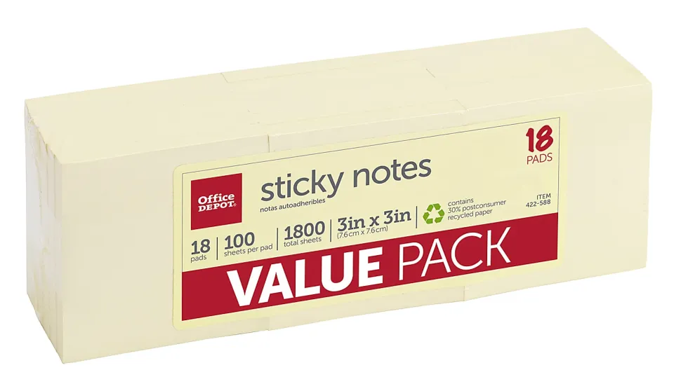 Office Depot® Brand Sticky Notes Value Pack, 30% Recycled, 3" x 3", Yellow, 100 Sheets Per Pad, Pack Of 18 Pads