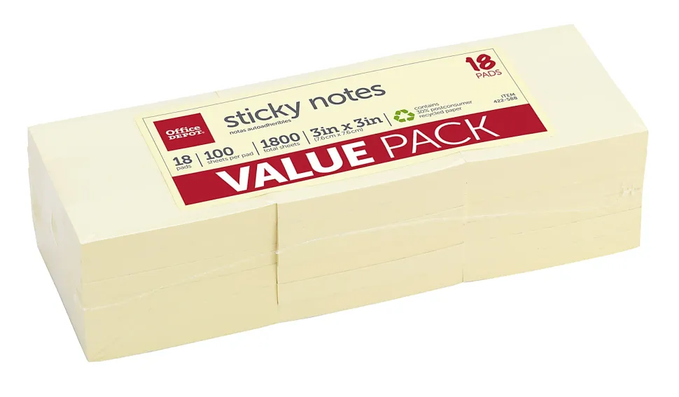 Office Depot® Brand Sticky Notes Value Pack, 30% Recycled, 3" x 3", Yellow, 100 Sheets Per Pad, Pack Of 18 Pads