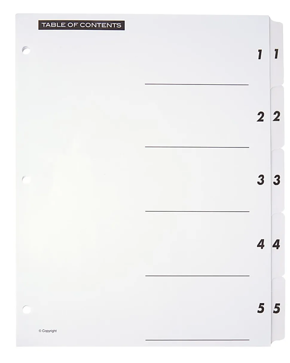 Office Depot® Brand Table Of Contents Customizable Index With Preprinted Tabs, White, Numbered 1-5