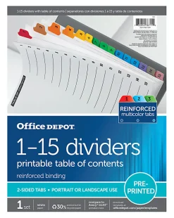 Office DepotĀ® Brand Table Of Contents Customizable Index With Preprinted Tabs, Assorted Colors, Numbered 1-15