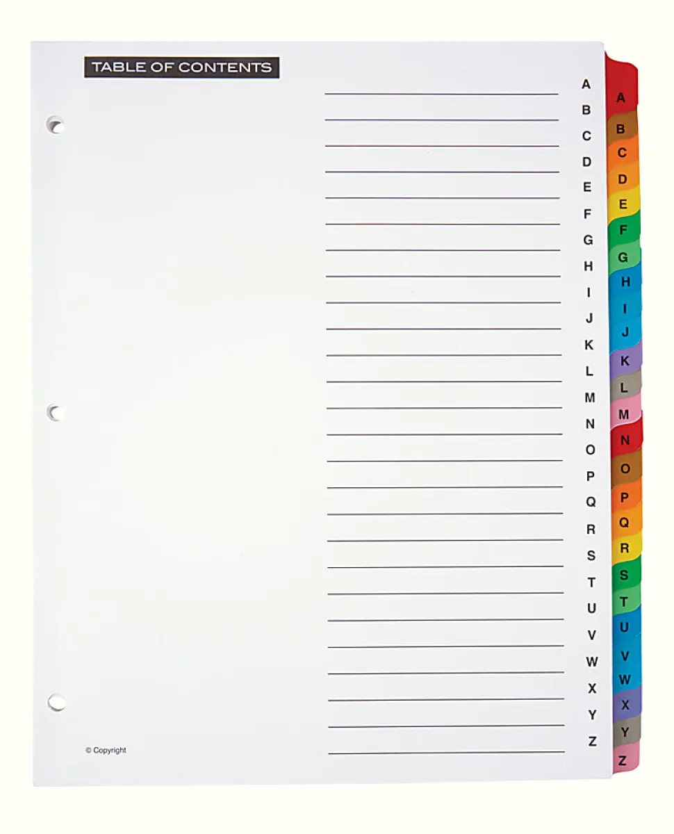 Office Depot® Brand Table Of Contents Customizable Index With Preprinted Tabs, Multicolor, A-Z