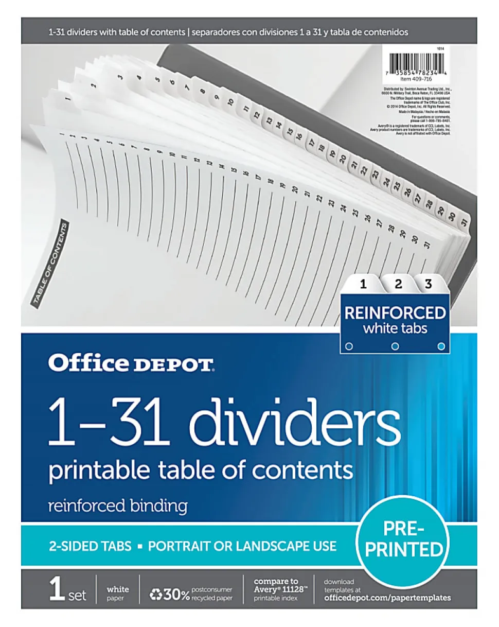 Office Depot® Brand Table Of Contents Customizable Index With Preprinted Tabs, White, Numbered 1-31