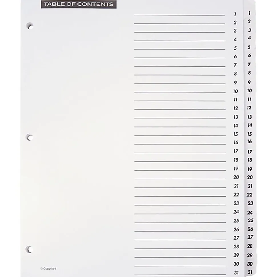 Office Depot® Brand Table Of Contents Customizable Index With Preprinted Tabs, White, Numbered 1-31