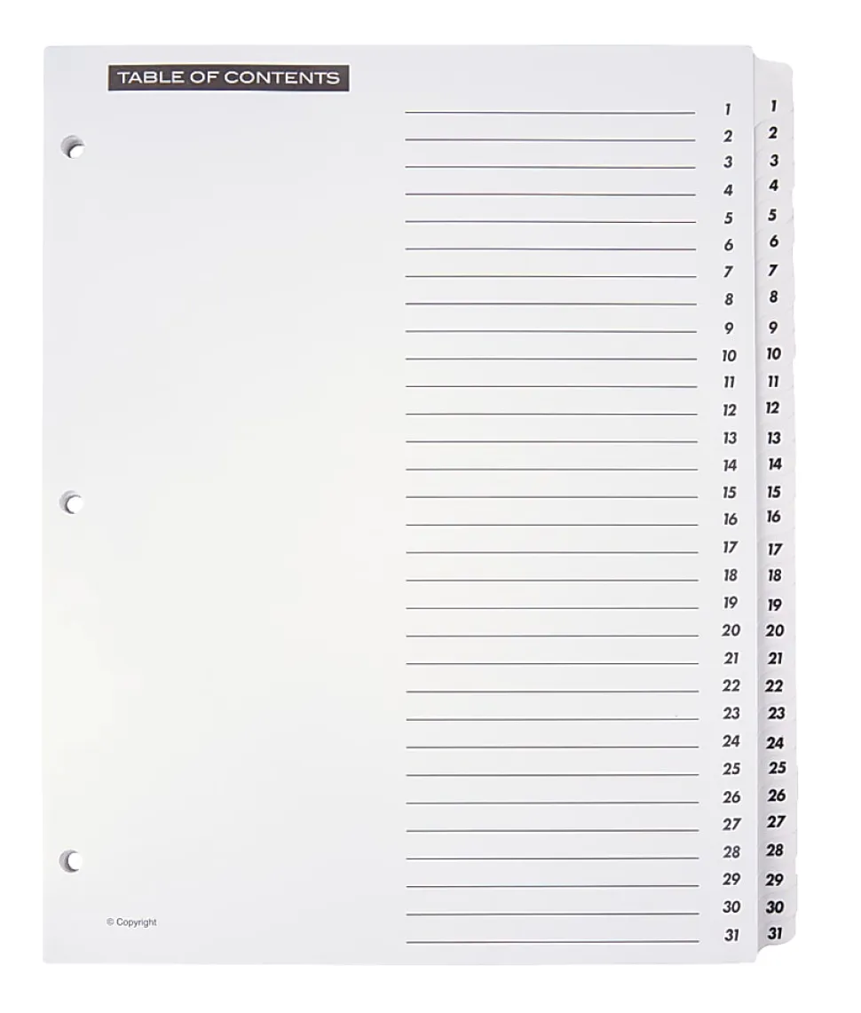 Office Depot® Brand Table Of Contents Customizable Index With Preprinted Tabs, White, Numbered 1-31