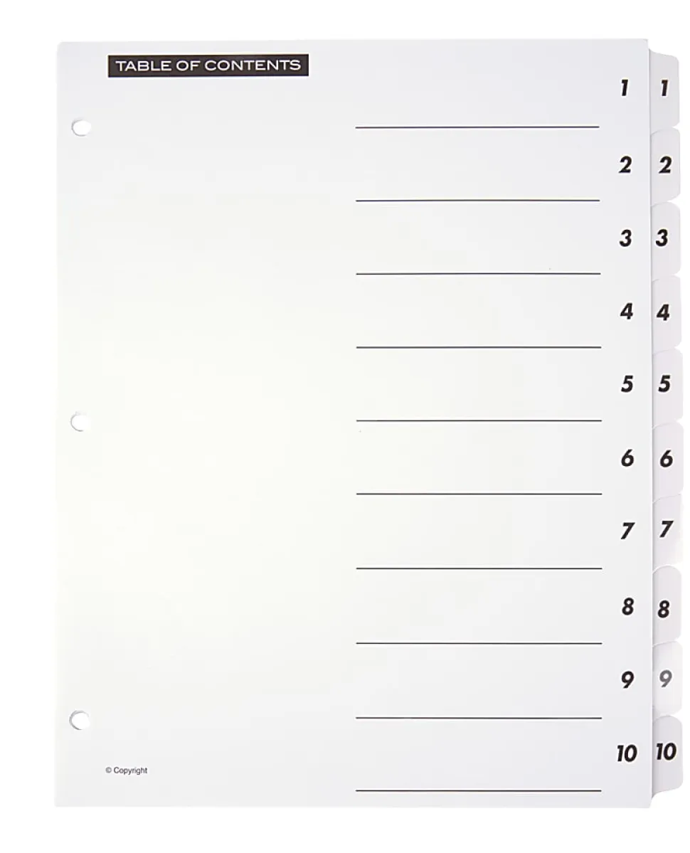 Office Depot® Brand Table Of Contents Customizable Index With Preprinted Tabs, White, Numbered 1-10
