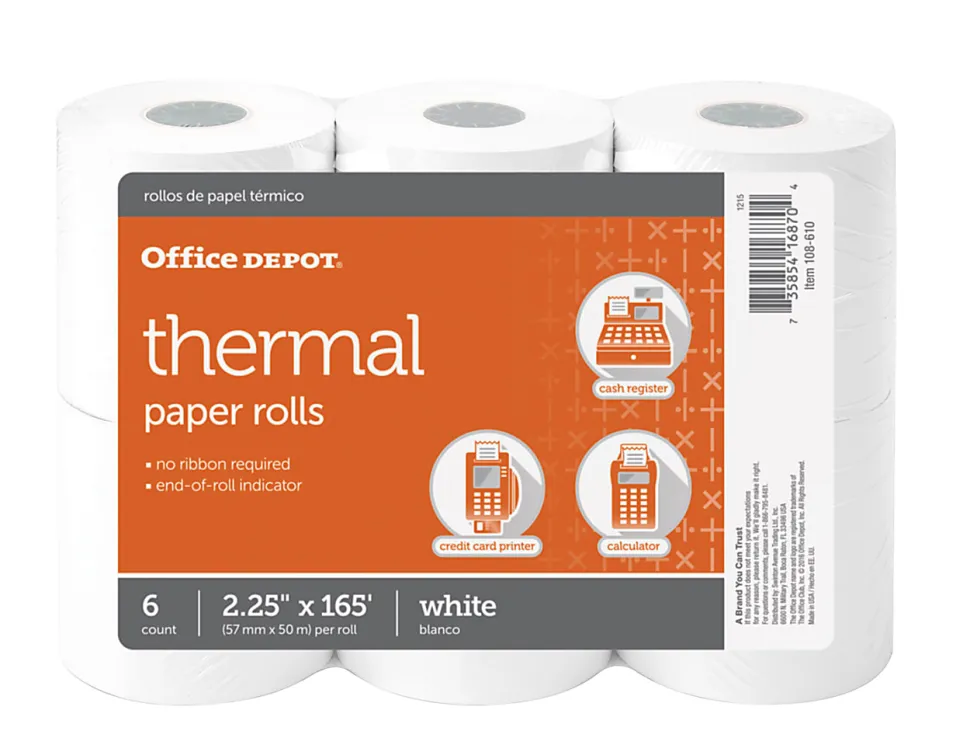 Office Depot® Brand Thermal Paper Rolls, 2-1/4" x 165', White, Pack Of 6