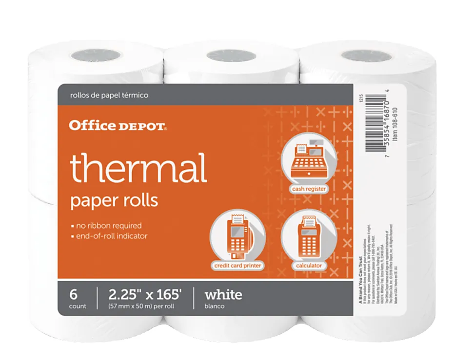 Office Depot® Brand Thermal Paper Rolls, 2-1/4" x 165', White, Pack Of 6
