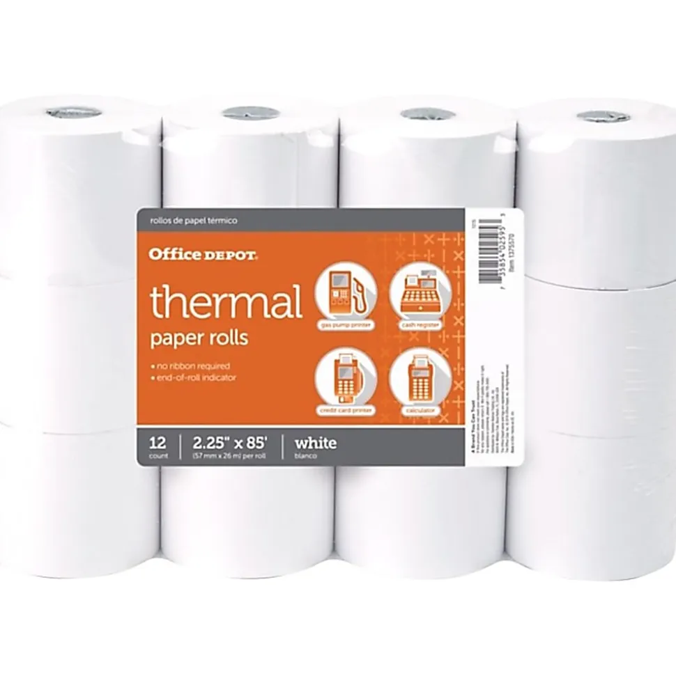 Office Depot® Brand Thermal Paper Rolls, 2-1/4" x 85', White, Pack of 12