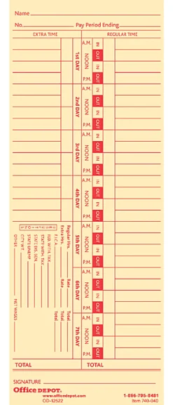 Office Depot® Brand Time Cards, Biweekly, Days 1–7, 2-Sided, 3 3/8" x 8 7/8", Manila, Pack Of 100