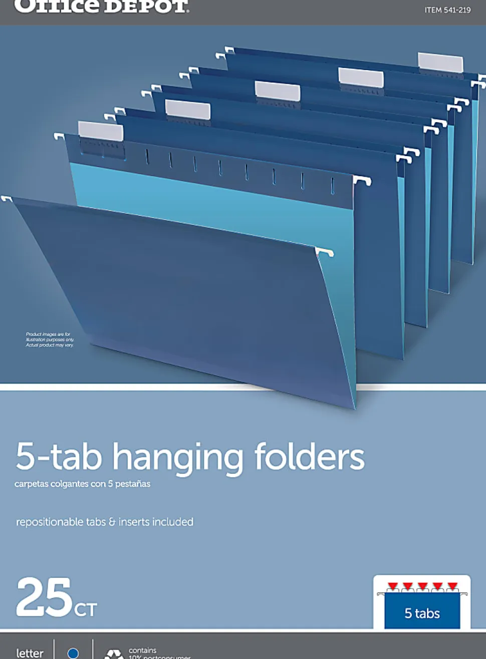 Office Depot® Brand 2-Tone Hanging File Folders, 1/5 Cut, 8 1/2" x 11", Letter Size, Navy, Box Of 25 Folders