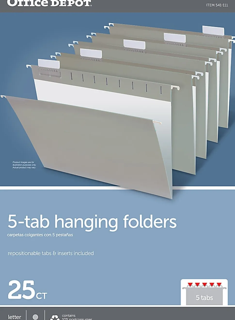 Office Depot® Brand 2-Tone Hanging File Folders, 1/5 Cut, 8 1/2" x 11", Letter Size, Gray, Box Of 25 Folders