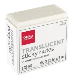 Office Depot® Brand Translucent Sticky Notes, With Storage Tray, 3" x 3", Clear, 50 Notes Per Pad, Pack Of 12 Pads