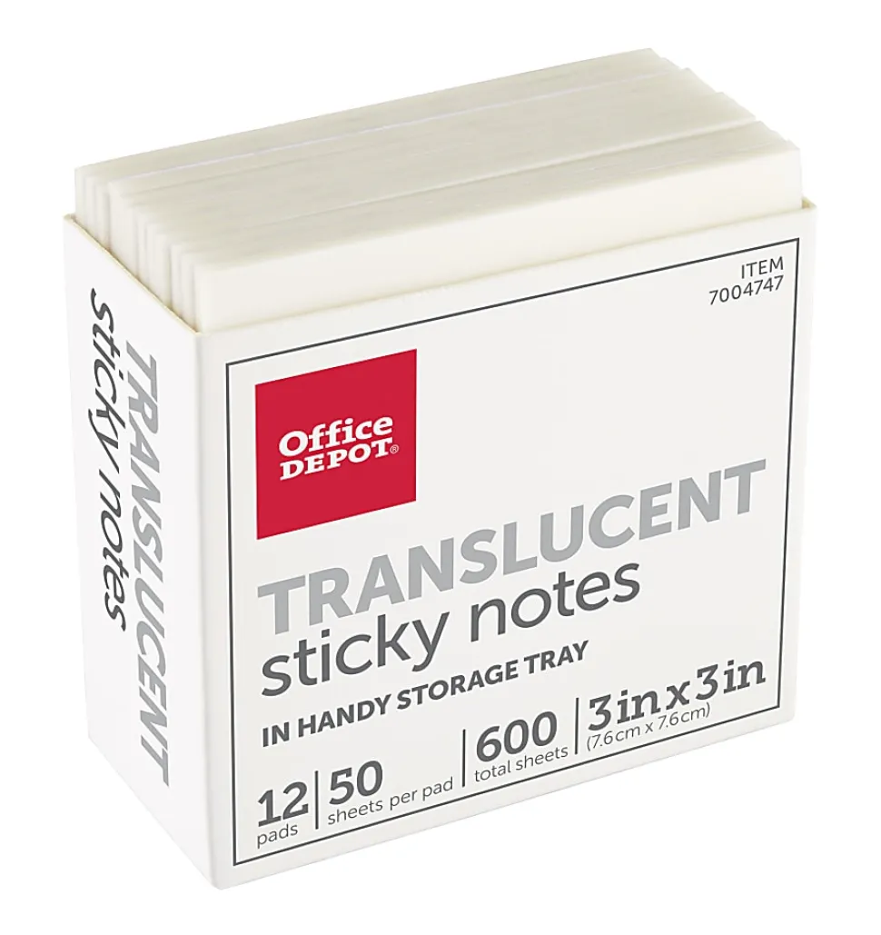 Office Depot® Brand Translucent Sticky Notes, With Storage Tray, 3" x 3", Clear, 50 Notes Per Pad, Pack Of 12 Pads