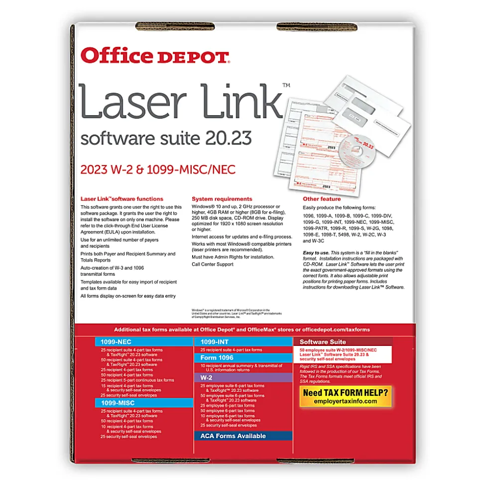 Office Depot® Brand W-2/1099 Laser Form Sets And Envelopes With Software, 6-Part/4-Part, 8-1/2" x 11", Pack Of 50 Form Sets, 1202323