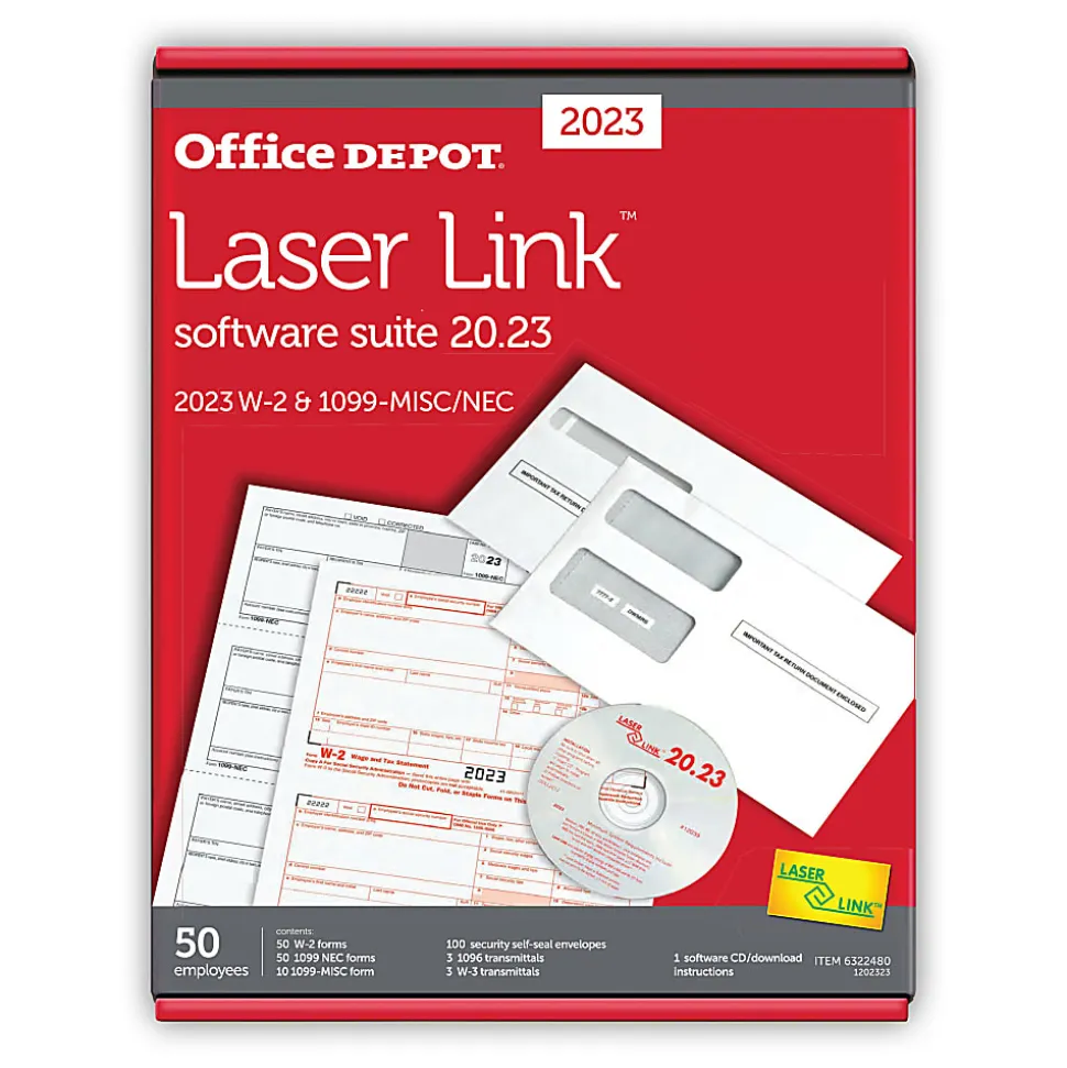 Office Depot® Brand W-2/1099 Laser Form Sets And Envelopes With Software, 6-Part/4-Part, 8-1/2" x 11", Pack Of 50 Form Sets, 1202323
