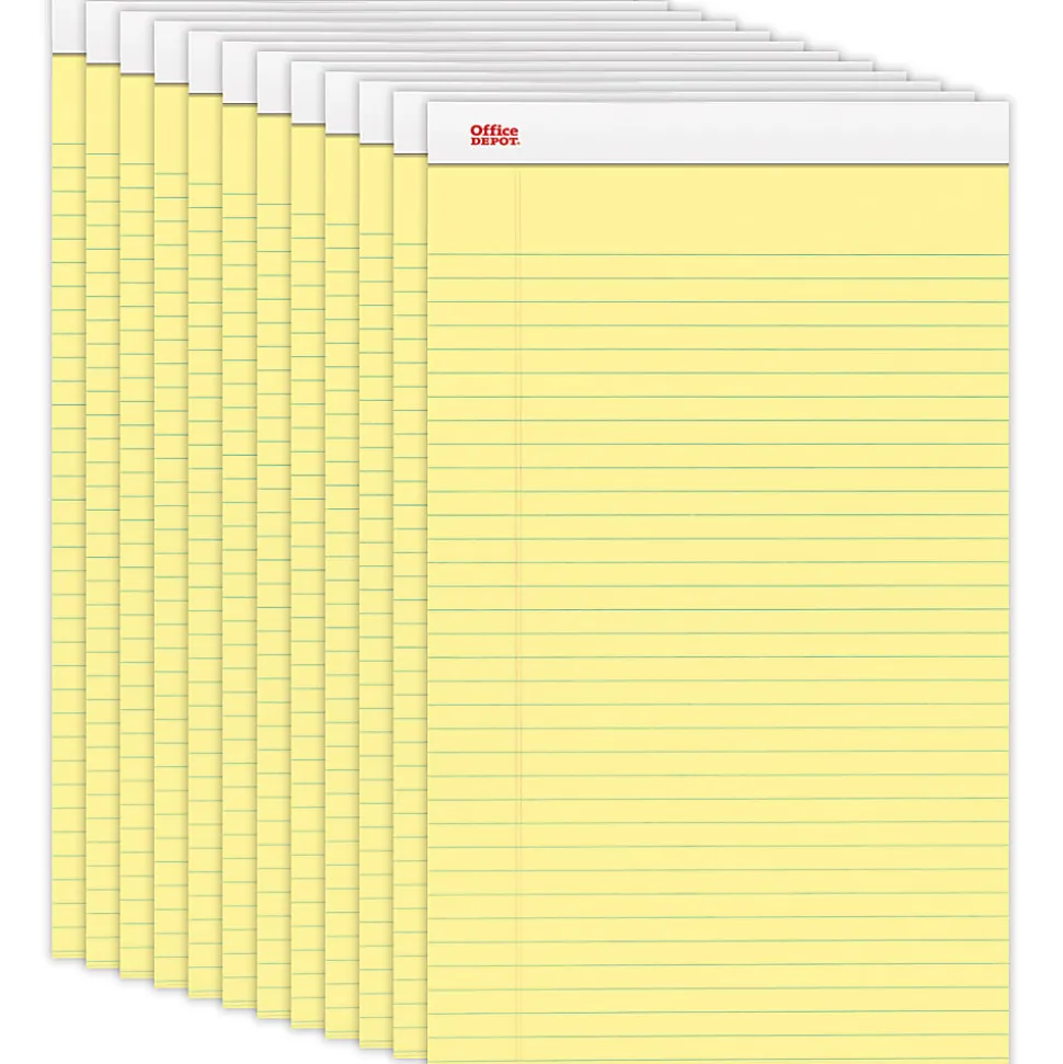 Office Depot® Brand Writing Pads, 8-1/2" x 14", Legal/Wide Ruled, 50 Sheets, Canary, Pack Of 12 Pads