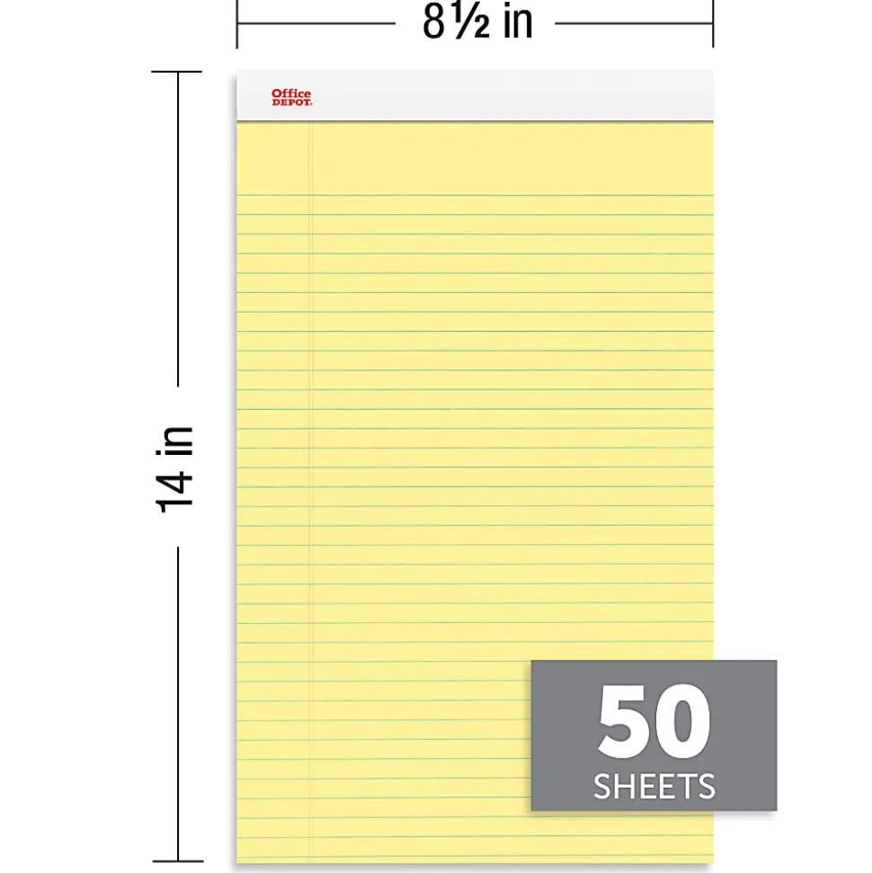 Office Depot® Brand Writing Pads, 8-1/2" x 14", Legal/Wide Ruled, 50 Sheets, Canary, Pack Of 12 Pads