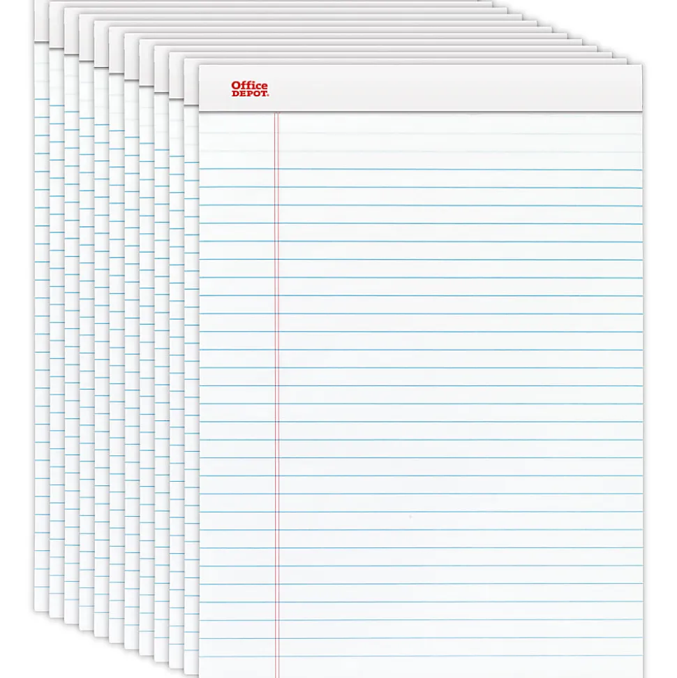 Office Depot® Brand Writing Pads, 8-1/2" x 11-3/4", Legal/Wide Ruled, 50 Sheets, White, Pack Of 12 Pads