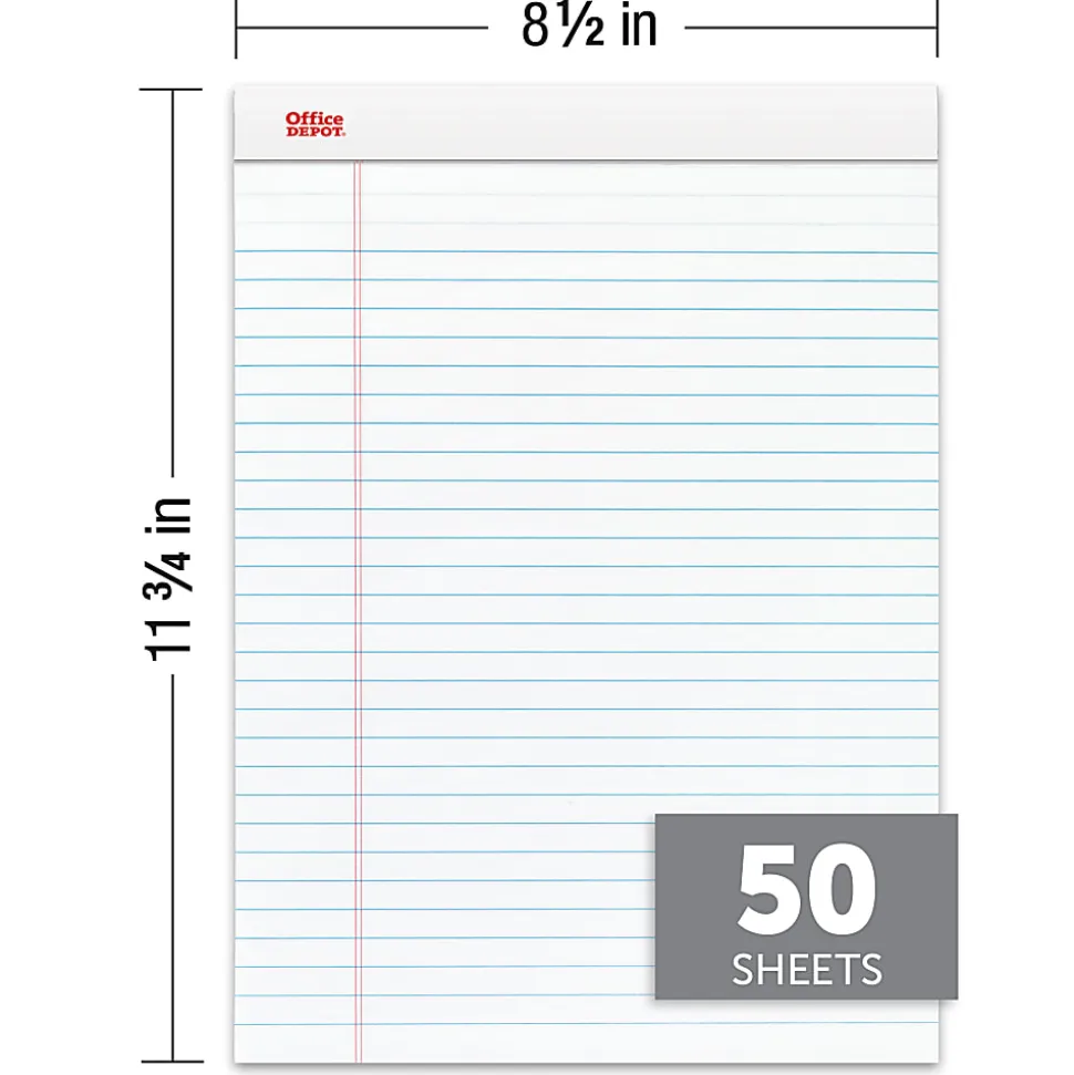 Office Depot® Brand Writing Pads, 8-1/2" x 11-3/4", Legal/Wide Ruled, 50 Sheets, White, Pack Of 12 Pads