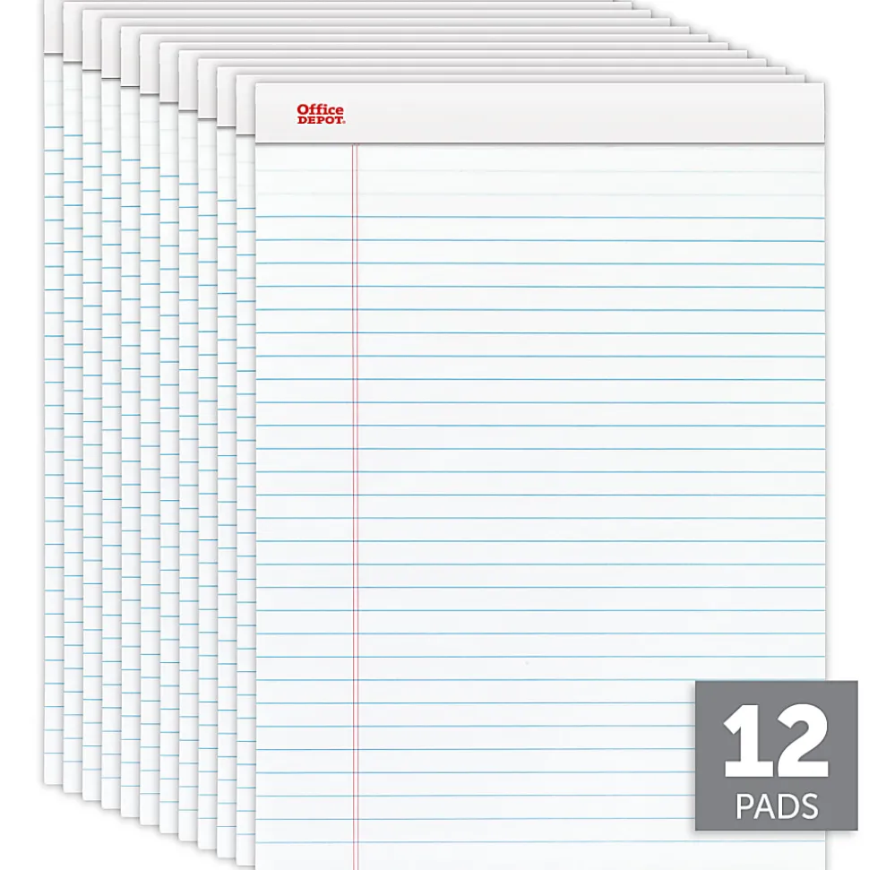 Office Depot® Brand Writing Pads, 8-1/2" x 11-3/4", Legal/Wide Ruled, 50 Sheets, White, Pack Of 12 Pads
