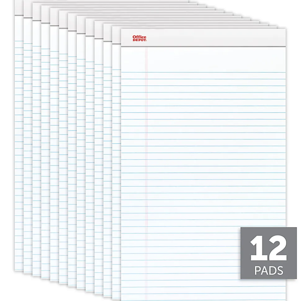 Office Depot® Brand Writing Pads, 8-1/2" x 14", Legal/Wide Ruled, 50 Sheets, White, Pack Of 12 Pads