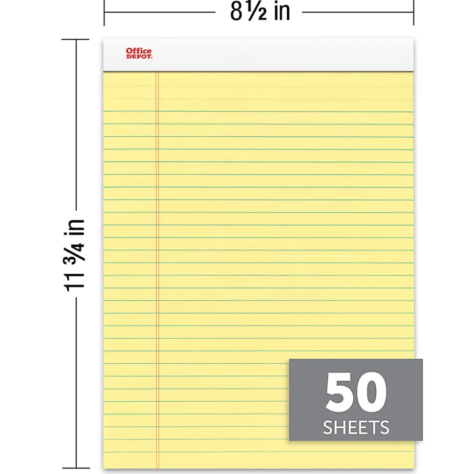 Office Depot® Brand Writing Pads, 8-1/2" x 11-3/4", Legal/Wide Ruled, 50 Sheets, Canary, Pack Of 12 Pads