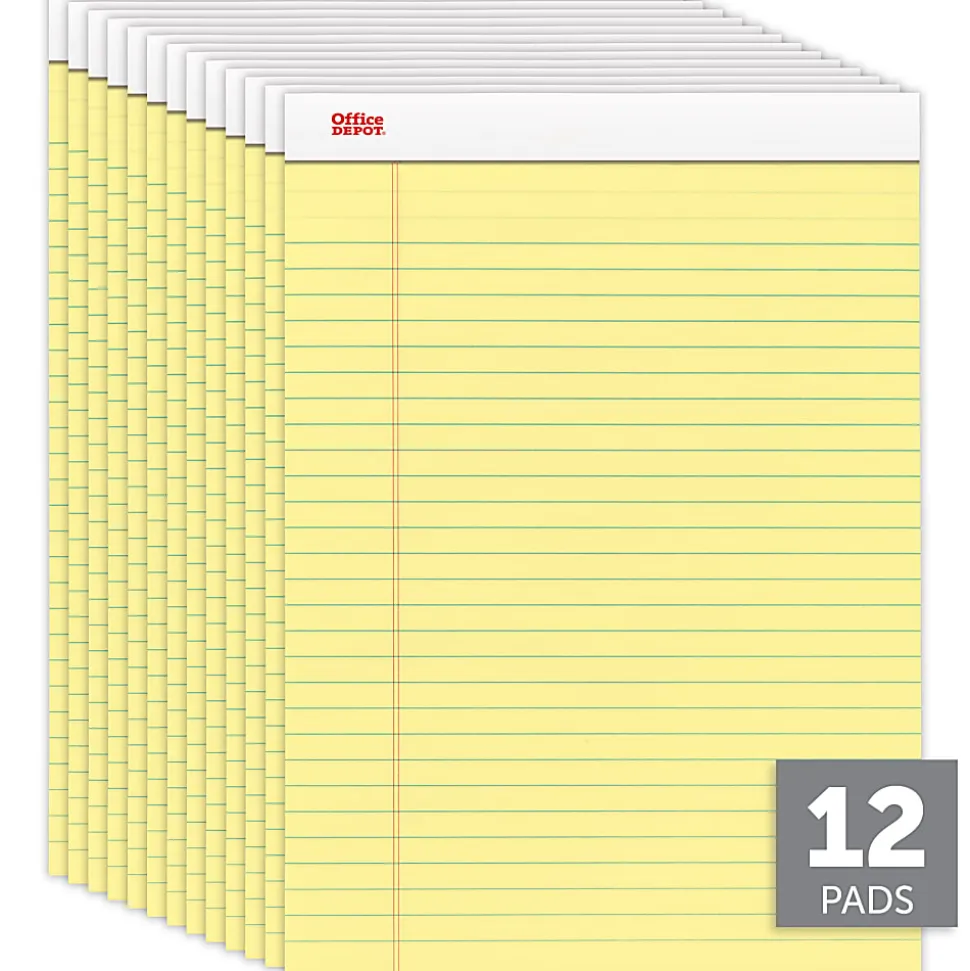 Office Depot® Brand Writing Pads, 8-1/2" x 11-3/4", Legal/Wide Ruled, 50 Sheets, Canary, Pack Of 12 Pads