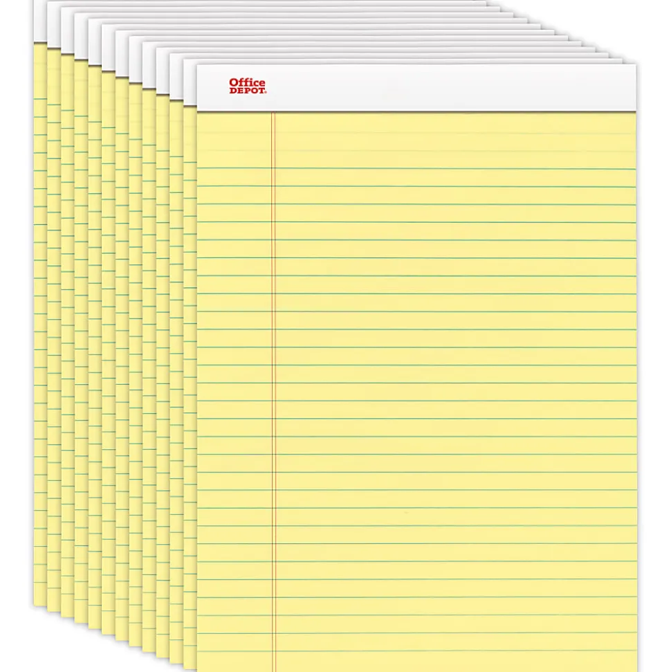 Office Depot® Brand Writing Pads, 8-1/2" x 11-3/4", Legal/Wide Ruled, 50 Sheets, Canary, Pack Of 12 Pads