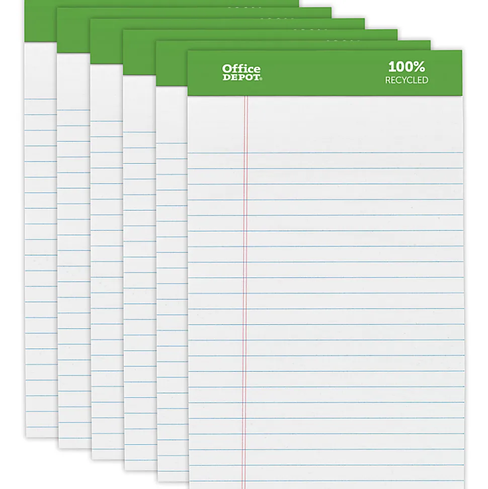 Office Depot® Brand Writing Pads, 5" x 8", Narrow Ruled, 50 Sheets, 100% Recycled, White, Pack Of 6 Pads