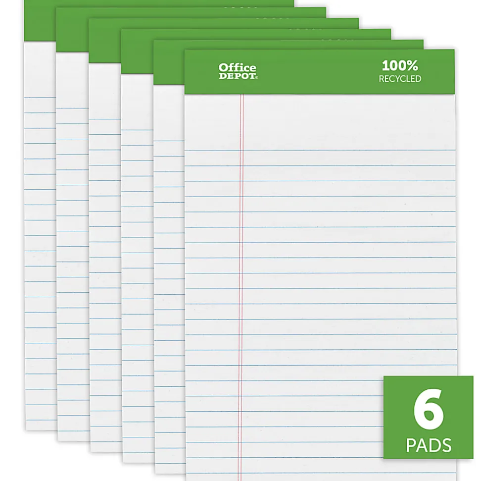 Office Depot® Brand Writing Pads, 5" x 8", Narrow Ruled, 50 Sheets, 100% Recycled, White, Pack Of 6 Pads