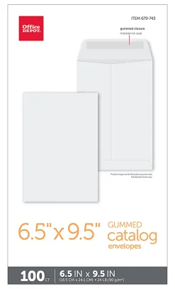 Office Depot® Brand  6-1/2" x 9-1/2" Catalog Envelopes, Gummed Seal, White, Box Of 100