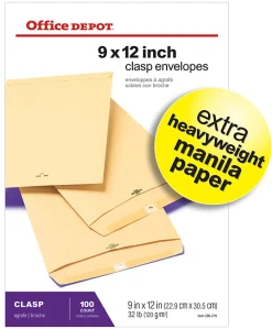 Office Depot® Brand 9" x 12" Manila Envelopes, Extra Heavyweight, Clasp Closure, Manila, Box Of 100