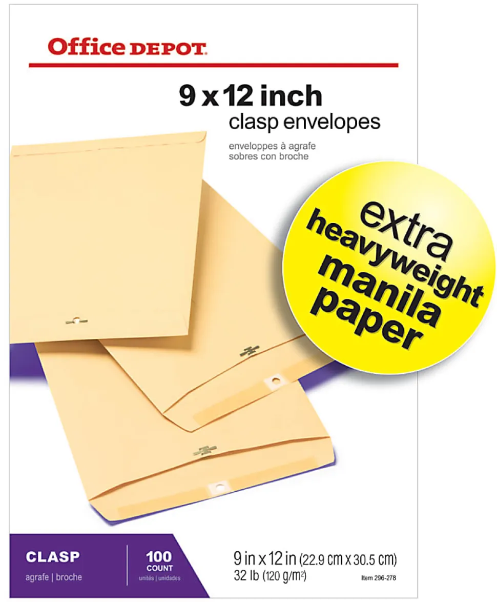 Office Depot® Brand 9" x 12" Manila Envelopes, Extra Heavyweight, Clasp Closure, Manila, Box Of 100