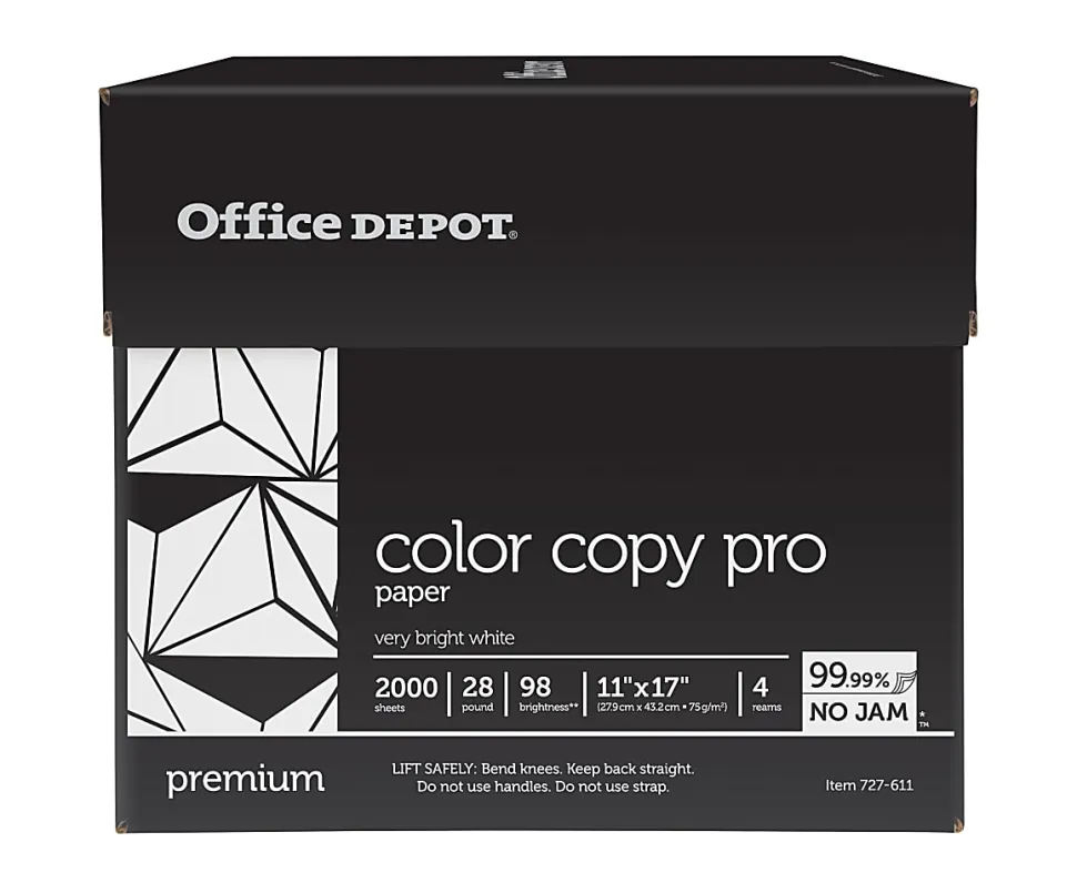 Office Depot® Color Copy Paper, 4 Reams, White, Ledger (11" x 17"), 2000 Sheets Per Case, 28 Lb, 98 Brightness