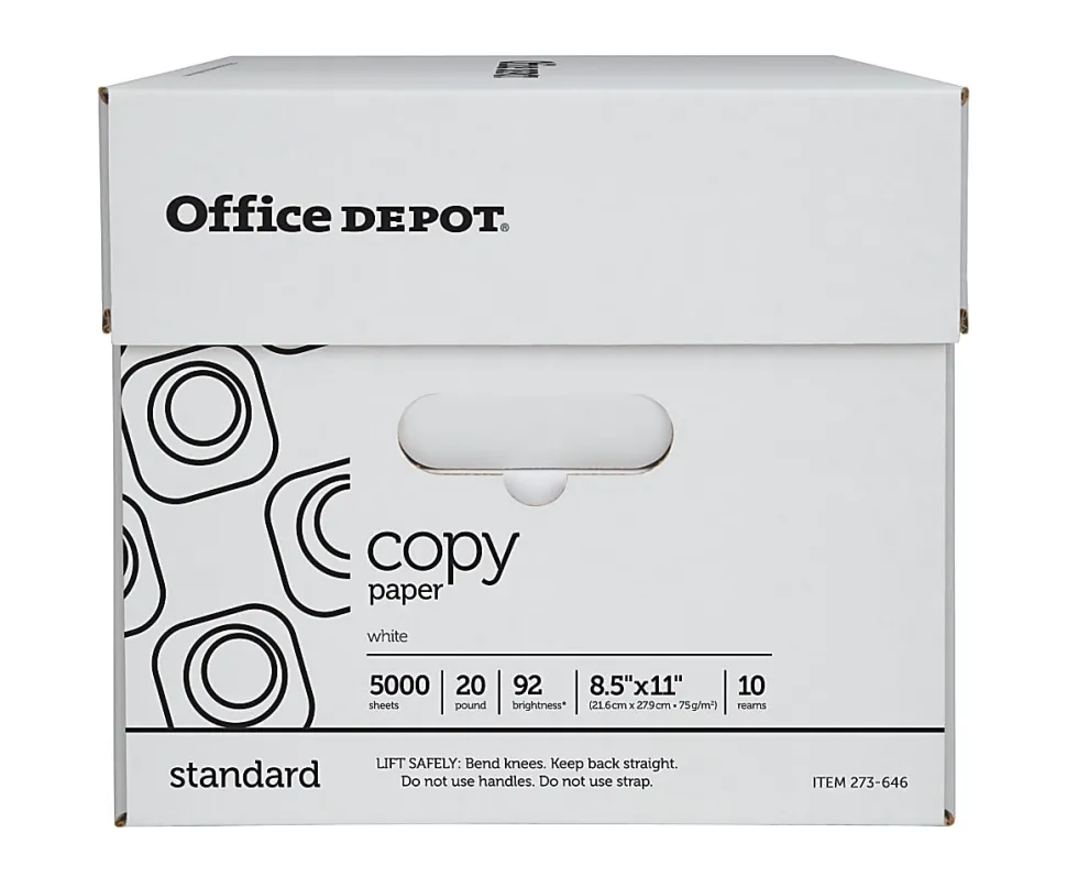 Office Depot® Copy Paper, 10 Reams, White, Letter (8.5" x 11"), 5000 Sheets Per Case, 20 Lb, 92 Brightness