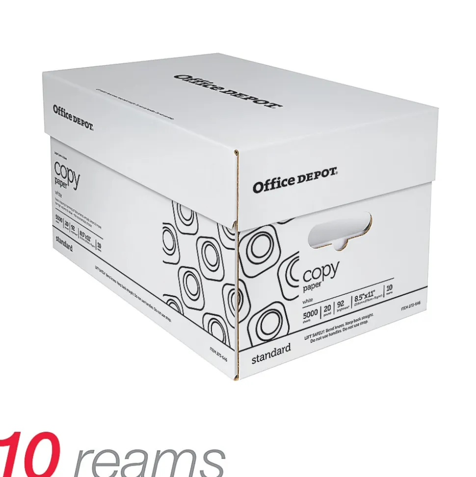 Office Depot® Copy Paper, 10 Reams, White, Letter (8.5" x 11"), 5000 Sheets Per Case, 20 Lb, 92 Brightness