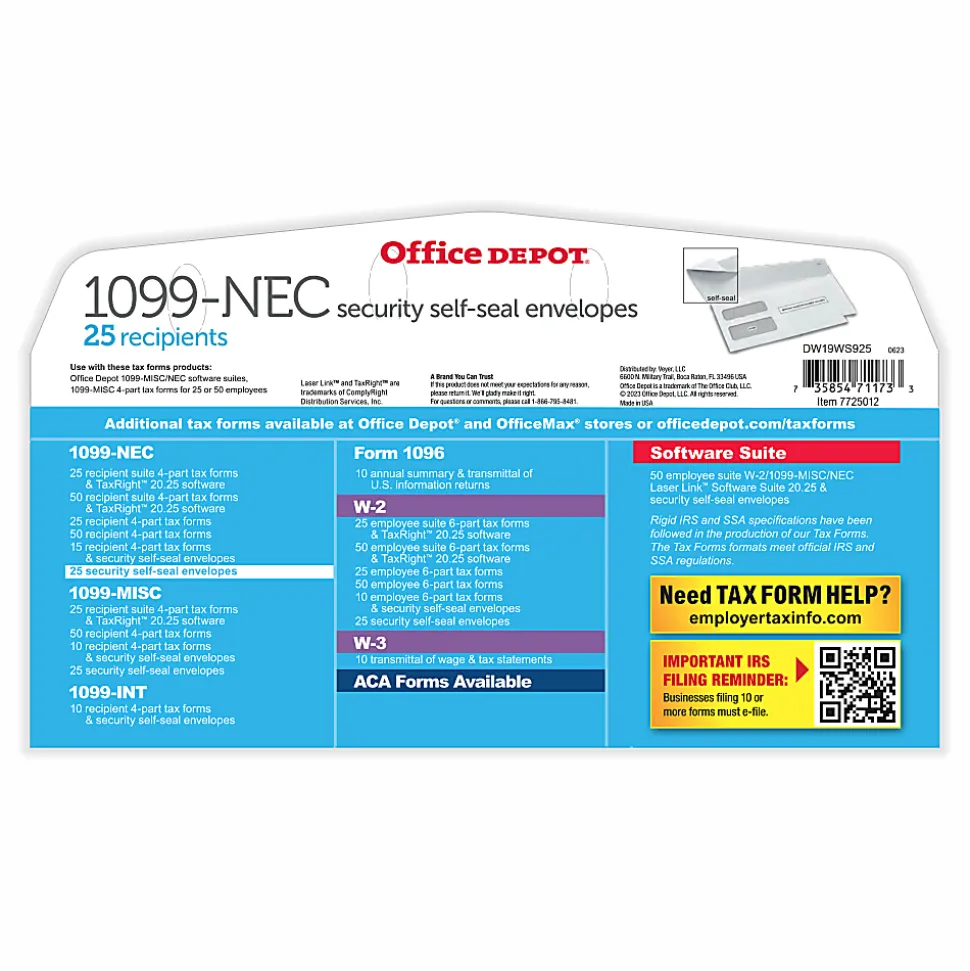 Office Depot® Double-Window Self-Seal Envelopes For 1099-NEC 3-Up Tax Forms, 8-3/8" x 3-7/8", Pack Of 25 Envelopes