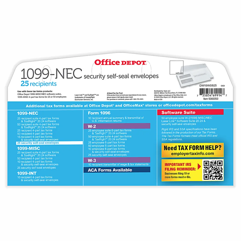 Office Depot® Double-Window Self-Seal Envelopes For 1099-NEC 3-Up Tax Forms, 8-3/8"W x 3-7/8"H, Pack Of 25 Envelopes