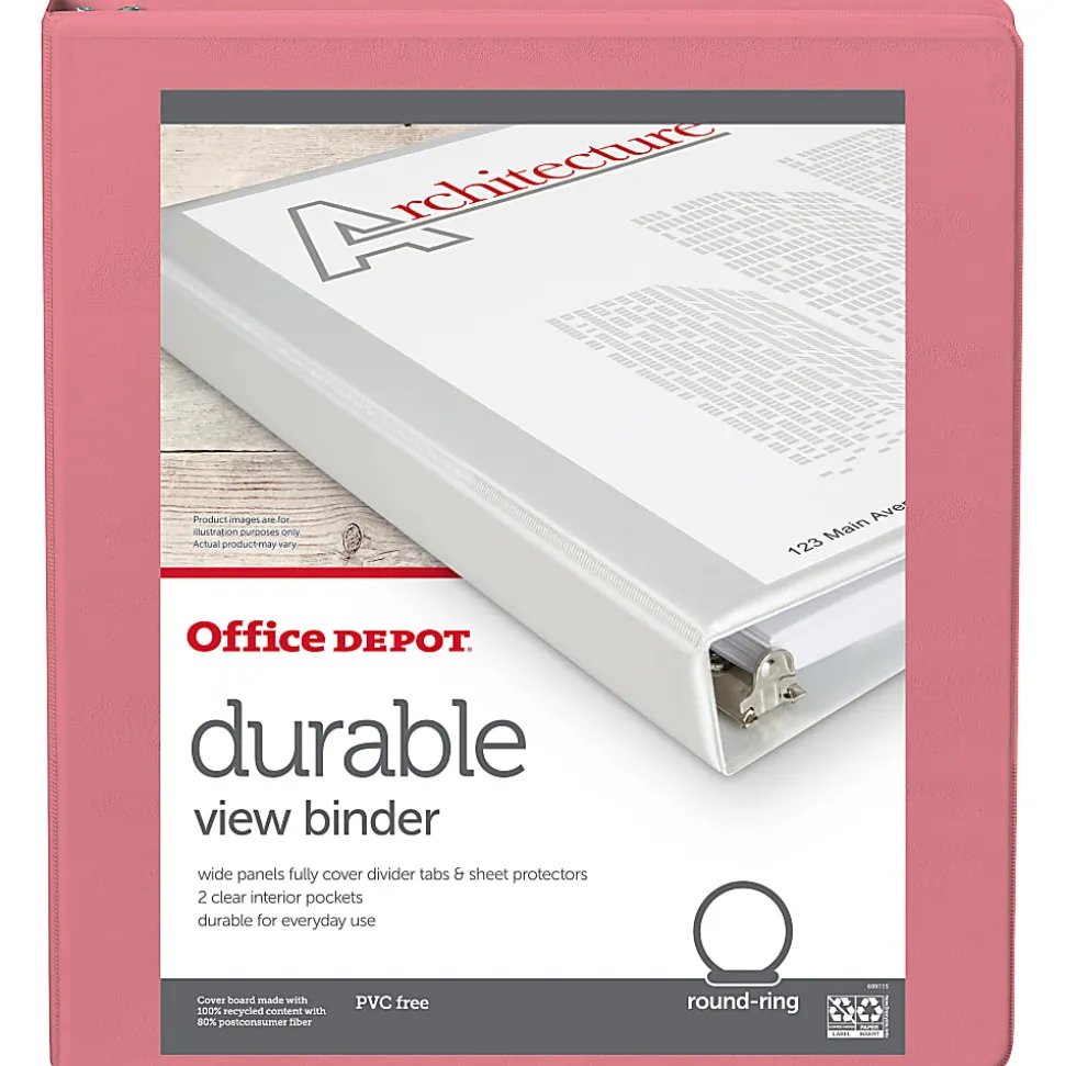 Office Depot® Durable View Binder, 1" Round Rings (175 Sheet Capacity), Coral, 1 Binder