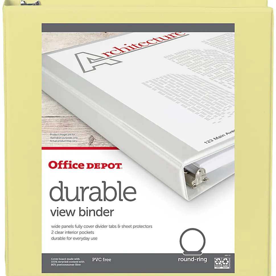 Office Depot® Durable View Binder, 1-1/2" Round Rings (275 Sheet Capacity), Yellow, 1 Binder