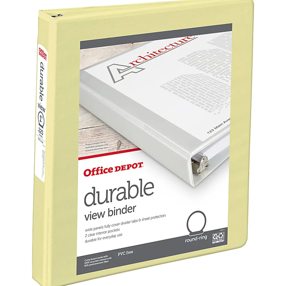 Office Depot® Durable View Binder, 1" Round Rings (175 Sheet Capacity), Yellow, 1 Binder