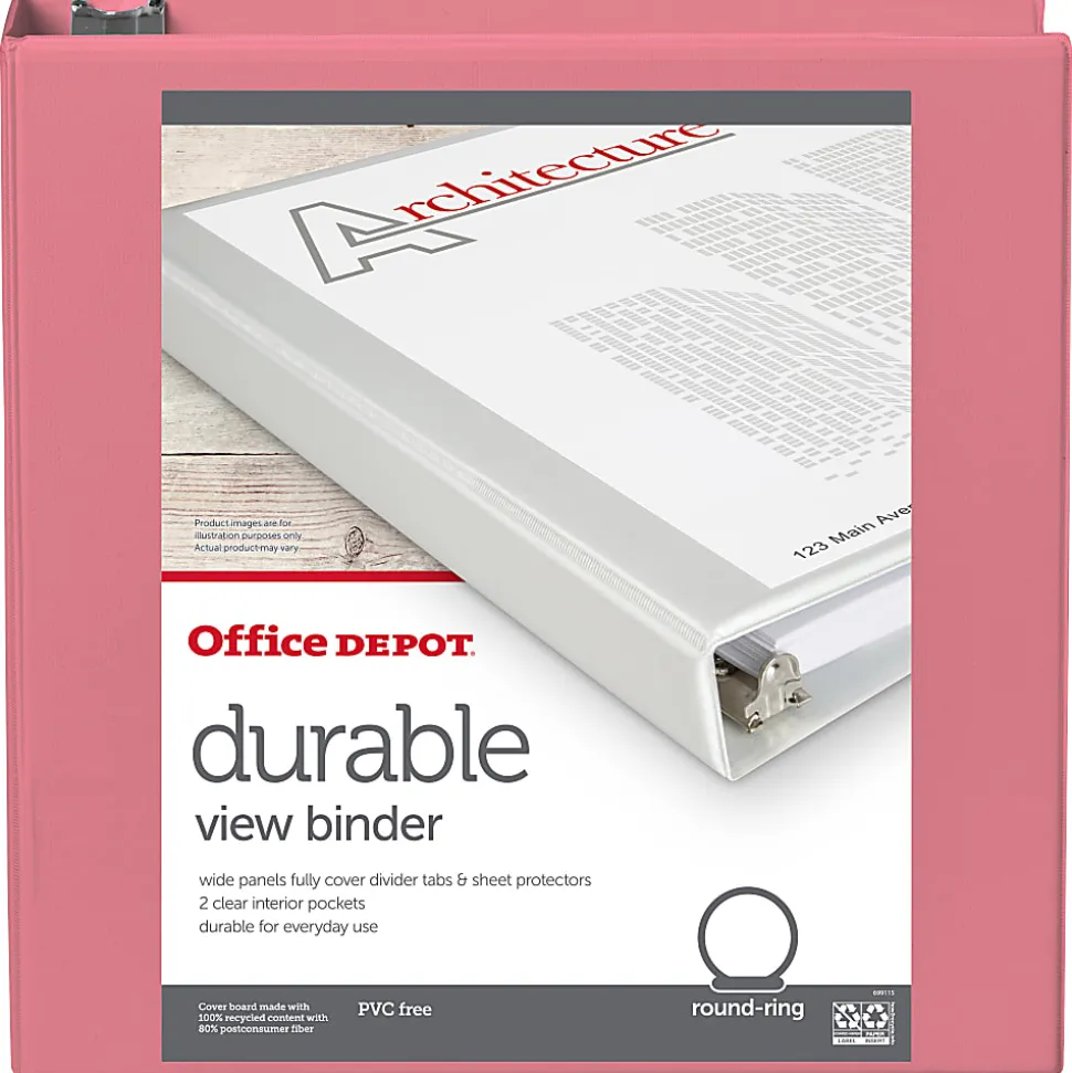 Office Depot® Durable View Binder, 2" Round Rings (375 Sheet Capacity), Coral, 1 Binder