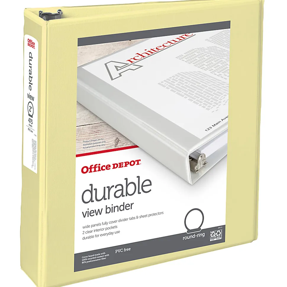 Office Depot® Durable View Binder, 2" Round Rings (375 Sheet Capacity), Yellow, 1 Binder