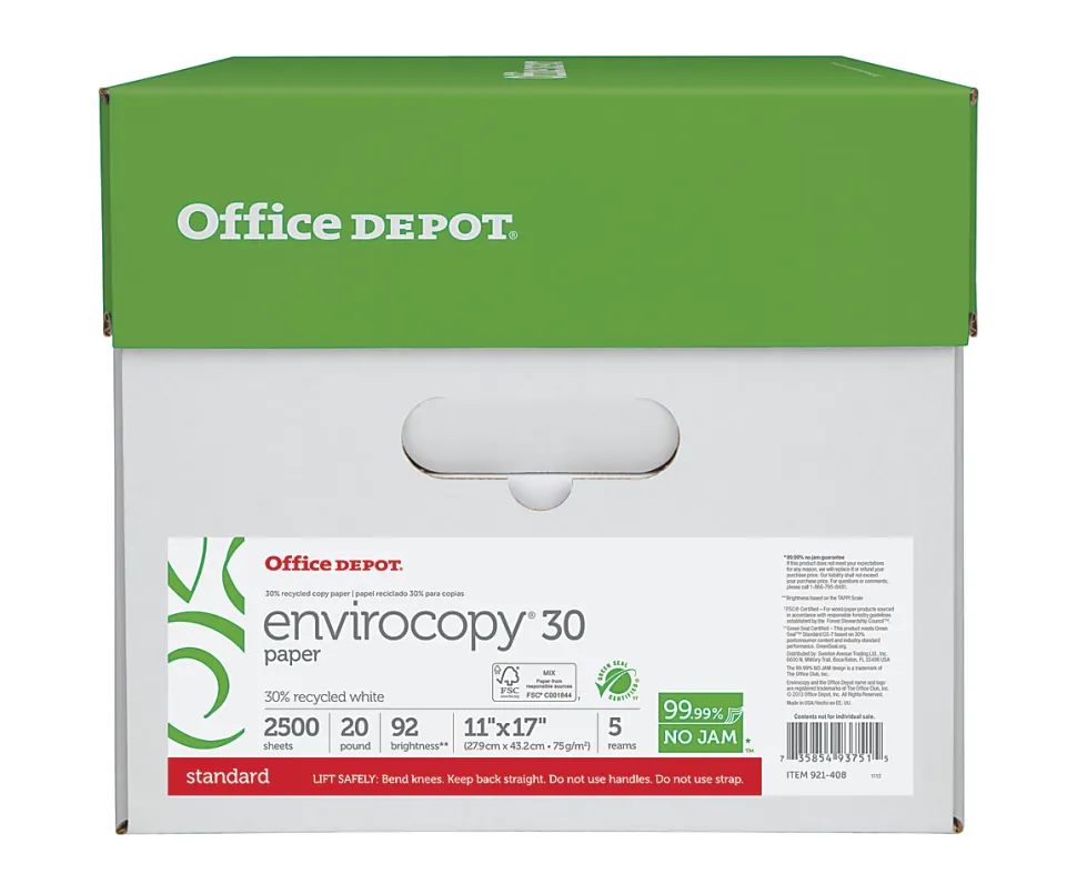 Office Depot® EnviroCopy® Copy Paper, 5 Reams, White, Ledger (11" x 17"), 2500 Sheets Per Case, 20 Lb, 30% Recycled, FSC® Certified