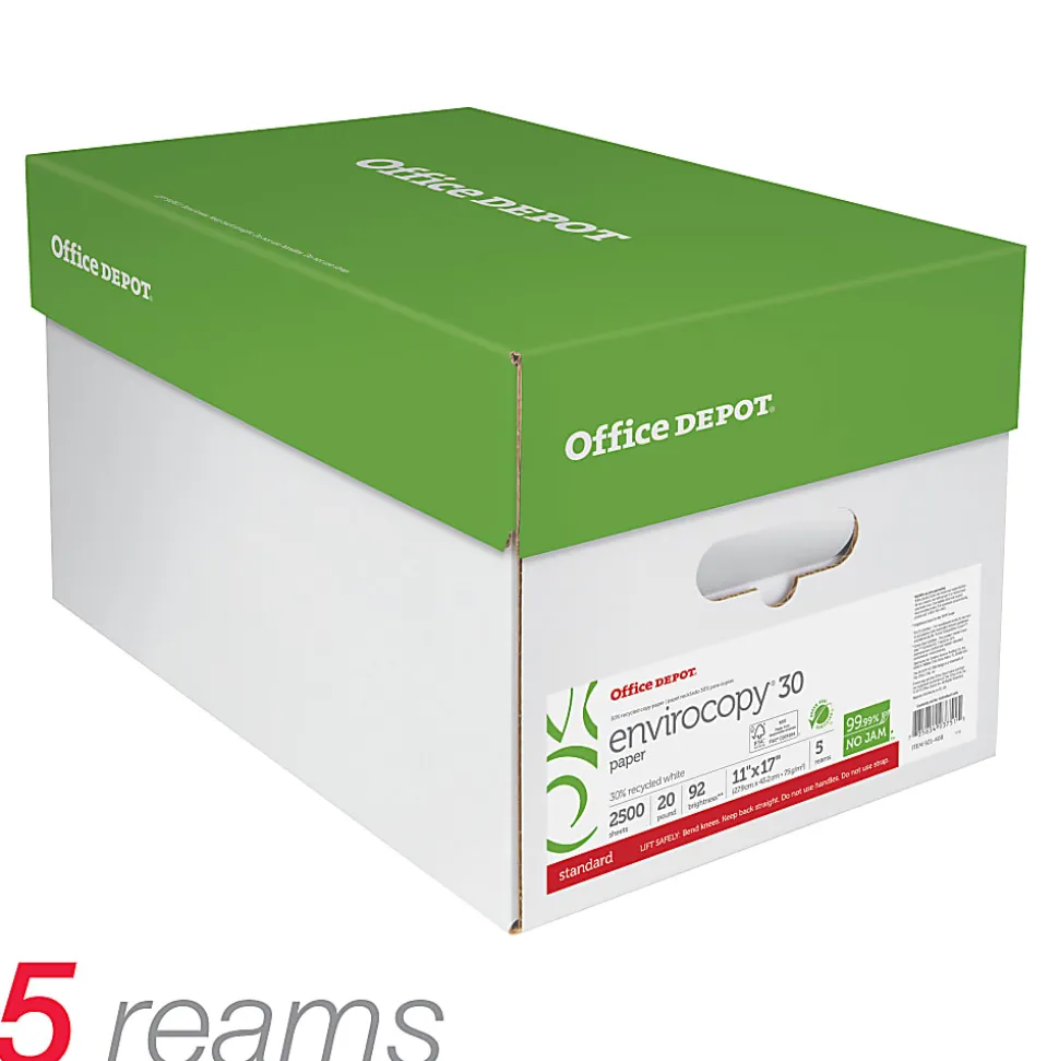 Office Depot® EnviroCopy® Copy Paper, 5 Reams, White, Ledger (11" x 17"), 2500 Sheets Per Case, 20 Lb, 30% Recycled, FSC® Certified