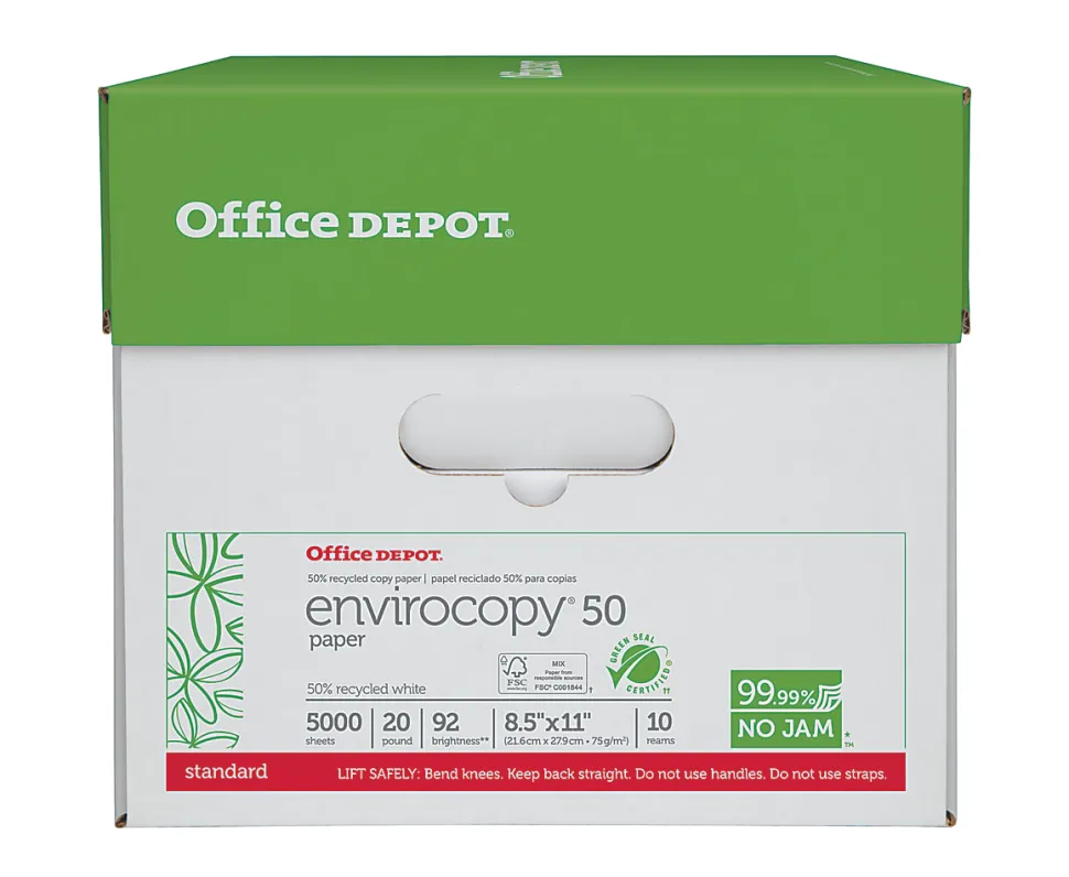 Office Depot® EnviroCopy® Copy Paper, 10 Reams, White, Letter (8.5" x 11"), 5000 Sheets Per Case, 20 Lb, 50% Recycled, FSC® Certified
