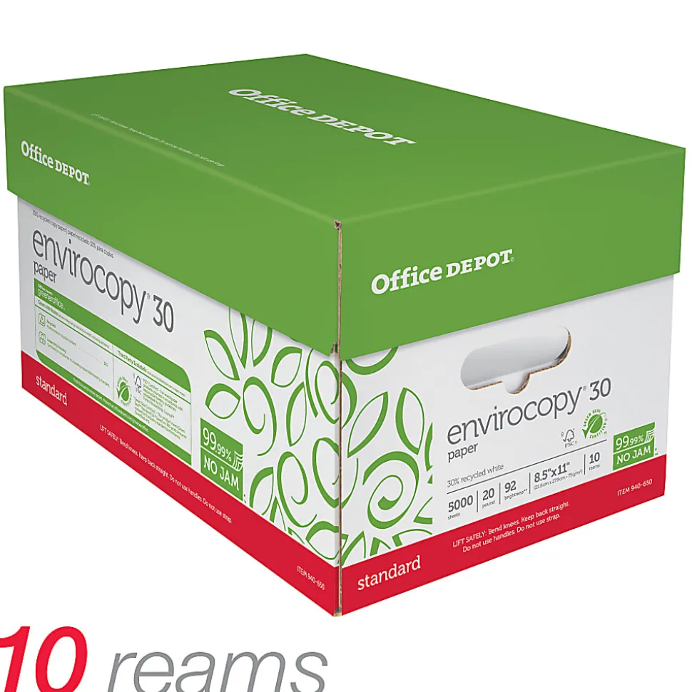 Office Depot® EnviroCopy® Copy Paper, 10 Reams, White, Letter (8.5" x 11"), 5000 Sheets Per Case, 20 Lb, 30% Recycled, FSC® Certified, 651001OD