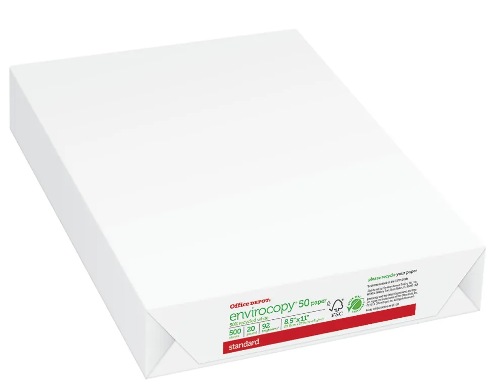 Office Depot® EnviroCopy® Copy Paper, 1 Ream, White, Letter (8.5" x 11"), 500 Sheets Per Ream, 20 Lb, 92 Brightness, 50% Recycled, FSC® Certified